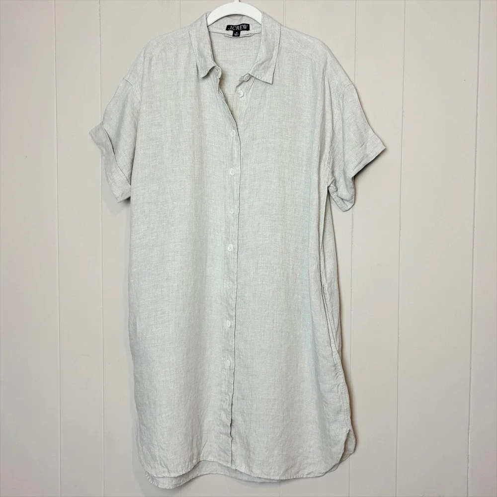 J. Crew 100% Linen Capitaine Shirt Dress M Short Sleeve Button Down Beige Tan